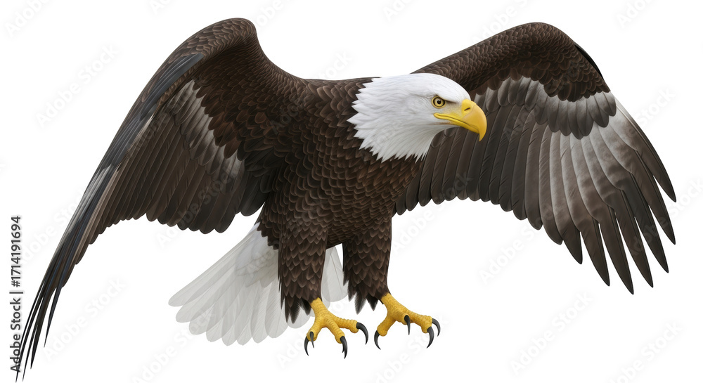 Obraz premium Isolated bald eagle with brown feathers and yellow beak, majestic avian predator raptor