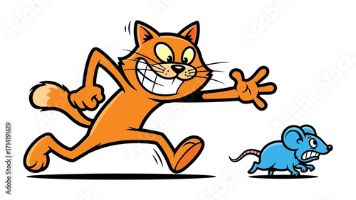 Chasing Game: In a cartoon scene, a vibrant orange cat playfully pursues a frightened blue mouse. The image captures a classic game of chase.