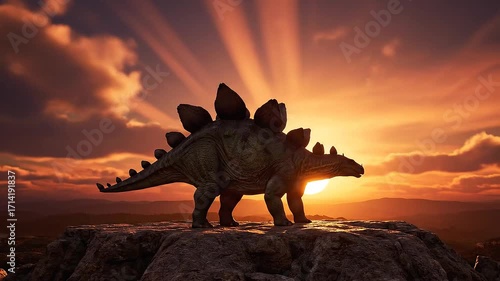 Stegosaurus Silhouette Standing on Rock at Dramatic Sunset