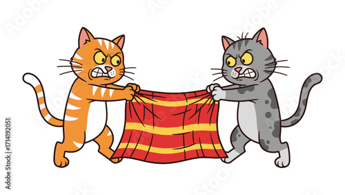 Feline Struggle for Territory: Two cartoon cats, one ginger and the other grey, engage in a tug-of-war over a striped cloth, their faces etched with determination in this lighthearted illustration.