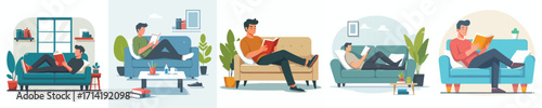 vector of a man lying on the sofa reading a book
