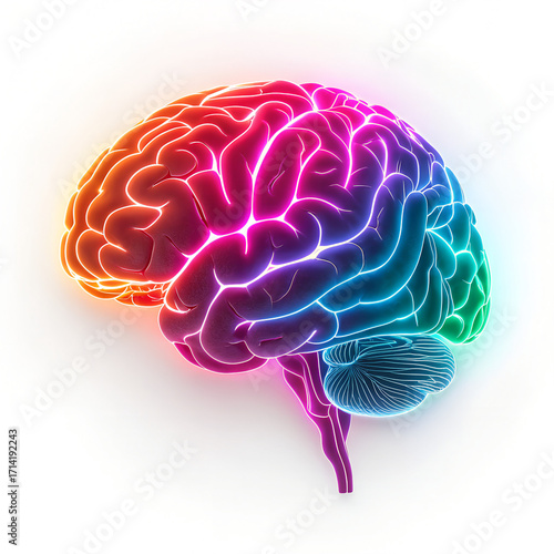 human brain model, Brian neon effect isolated on white background