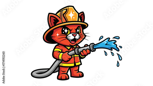 Brave Cat Firefighter: An adorable cat dressed as a firefighter confidently holds a water hose, ready to save the day, its heroic spirit shining through a vibrant illustration.