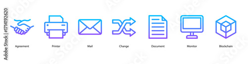 Digital Business Tools web banner icon vector illustration featuring Agreement, Printer, Mail, Change, Document, Monitor, and Blockchain for modern office operations.