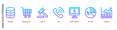 E Commerce Operations web banner icon vector illustration featuring Database, Shopping Cart, Auction, Call, Online Payment, Pie Chart, and Statistics for retail systems.