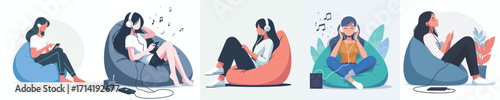vector of a woman listening to music sitting on a bean bag