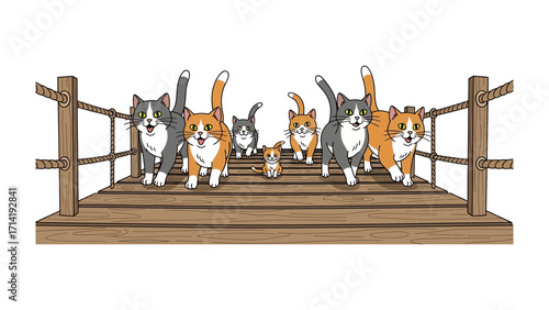 Cat Parade on Bridge: A delightful parade of adorable cats and a small dog merrily march along a wooden bridge. Showcasing their playful spirit, the scene is infused with joy and lightheartedness.