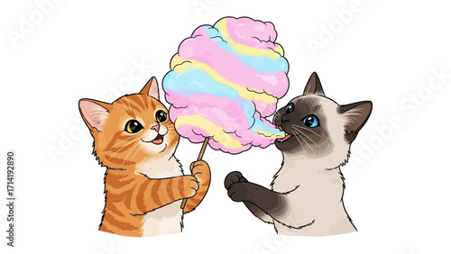 Delightful Whisker Feast: Two playful kittens revel in a rainbow swirl of fluffy cotton candy, a sweet moment of sugary indulgence, embodying pure feline joy.