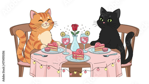Feline Romance: Two charming feline companions enjoy a romantic dinner, complete with heart-shaped treats, and beverages, and a single, perfect rose, all illuminated by delicate lights.