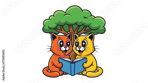 Cat friends reading book: Two adorable cartoon cats engrossed in a book, sharing a moment of camaraderie beneath a shady tree, symbolizing friendship and the joy of learning