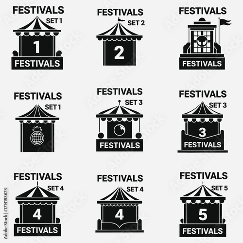 Set of carnival and festival tent icons for amusement park and fairground events