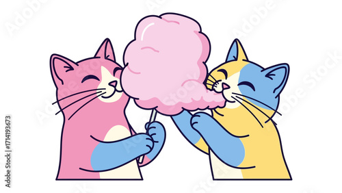 Cotton Candy Companions: Two cartoon cats share a fluffy, pink cotton candy, showcasing the sweet joy of friendship and the delight of simple pleasures. 