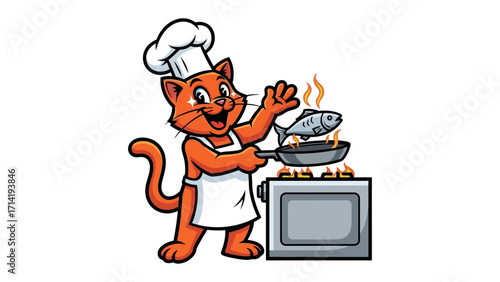 Culinary Cat Chef: A whimsical illustration showcases a cheerful cat chef, complete with a toque and apron, expertly frying a fish in a pan, embodying culinary artistry and deliciousness.