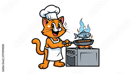 Cat Chef Cooks Fish Delight: A charming cartoon cat, wearing a chef's hat and apron, skillfully cooks fish over a stove, evoking culinary creativity and lightheartedness. 