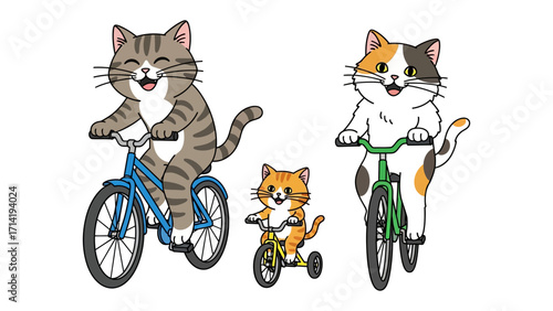 Cats Riding Bicycles: Adorable illustration depicting three cats joyfully pedaling bicycles, capturing a moment of whimsical fun and lighthearted adventure.