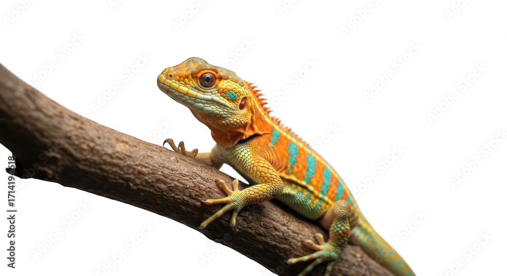 Obraz premium Bright lizard clings to branch against black backdrop