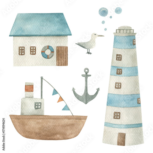 Watercolor set with ship, anchor, lighthouse. Hand drawn isolated  illustration on white background