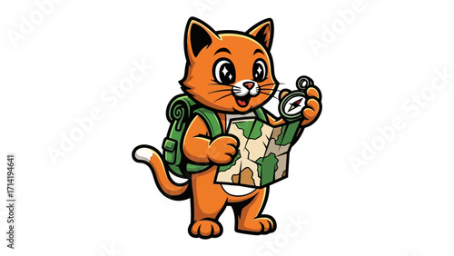 Adventurous Explorer: This illustration of a charming cat as an explorer. It carries a backpack, compass, and map, ready for a grand adventure. This charming cat embodies exploration and adventure.