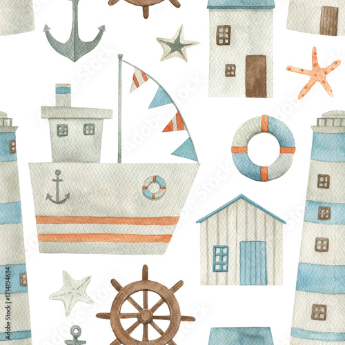 Watercolor seamless pattern with ship, anchor, lighthouse. Hand drawn illustration on white background