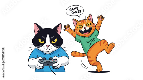 Game Over: Cats in Gaming: An illustration captures a moment of playful competition, featuring two animated cats, one triumphant and the other disappointed.