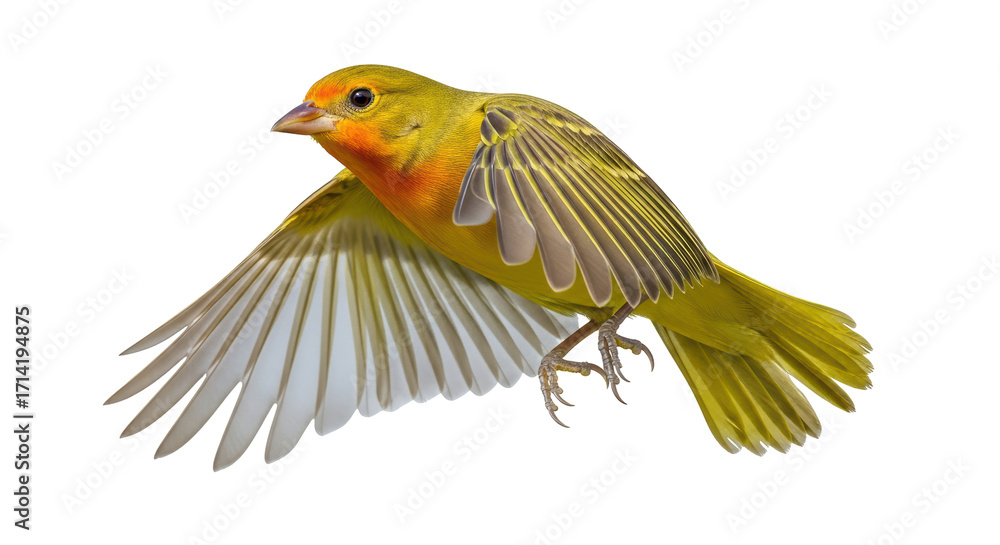 Fototapeta premium Isolated male canary in flight, bright plumage, exotic bird, colorful feathers, wildlife
