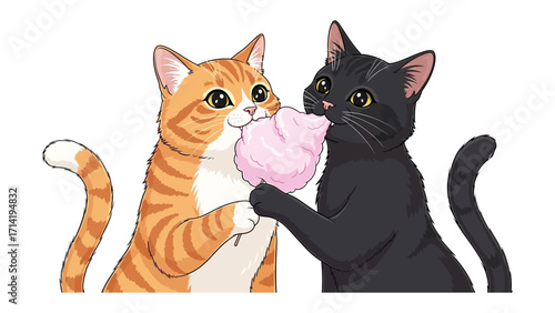 A Playful Treat: Two adorable cats, a ginger tabby and a sleek black feline, share a whimsical moment as they playfully nibble on a sweet, fluffy treat.