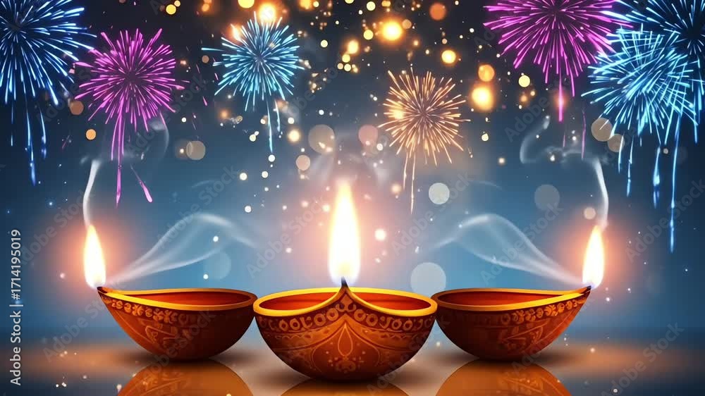 Happy Diwali celebration with bright lit diyas and sparkling fireworks in the night sky symbolizing the festival of lights and victory of good over evil