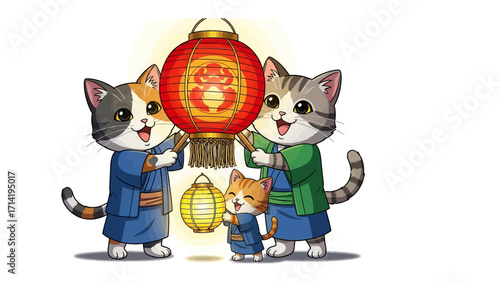 Joyful Lantern Festival: A charming illustration depicting a heartwarming scene of a family of cats celebrating with glowing lanterns.