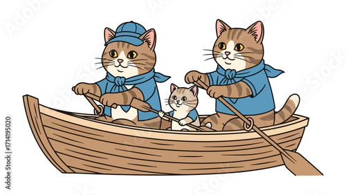 Cats Rowing Boat: A charming illustration of a feline family navigating the open water in a wooden rowboat, capturing the spirit of togetherness and adventure.
