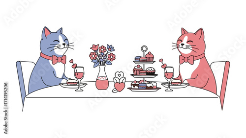 Cats at Dinner: Two charming cartoon cats enjoy a delightful dinner date at a beautifully set table, savoring gourmet treats and sipping fine drinks with an air of refined sophistication.