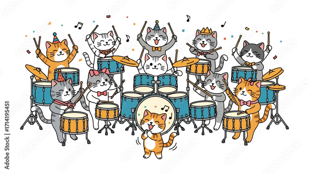 Fototapeta premium Kitten Rock Band: A whimsical ensemble of adorable kittens enthusiastically performs in a dynamic and colorful rock band setting, a fun visual.
