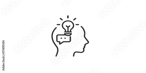 Print   Minimalist vector icon of brainstorming – human head outline with glowing lightbulb and chat bubble symbols inside