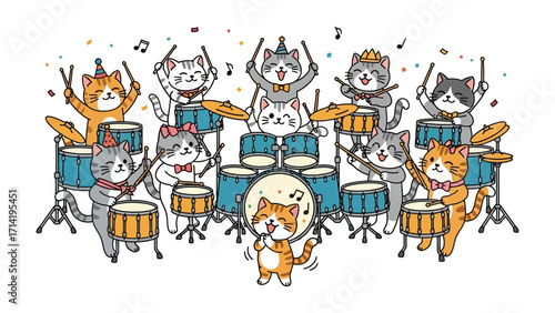 Kitten Rock Band: A whimsical ensemble of adorable kittens enthusiastically performs in a dynamic and colorful rock band setting, a fun visual.