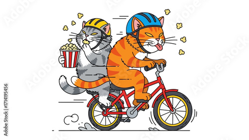  Whimsical Feline Bicycle Adventure: Two adorable cats embark on a playful bicycle ride, with one cat pedaling and the other enjoying a tasty popcorn snack.