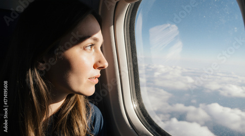 A close-up of a young Caucasian woman looking out the window of an airplane, soft daylight highlighting her excited expression as clouds drift by outside.