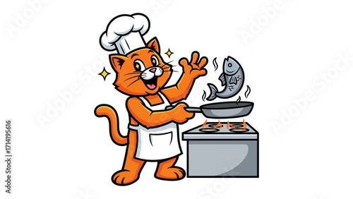 Chef Cat Cooking with Fish: A cheerful cartoon chef cat prepares a meal, tossing a fish in a frying pan, set in a delightful kitchen scene. This illustrates the joy of cooking and culinary delight.