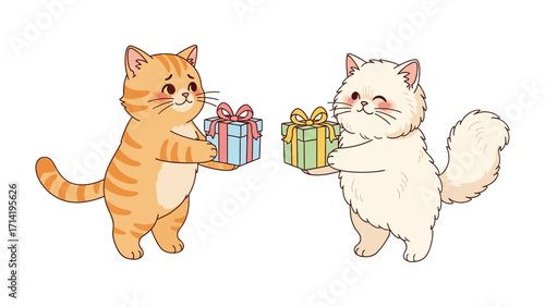 Kitty's Gift Exchange: Two adorable cartoon cats happily exchange brightly wrapped presents. Perfect for illustrating friendship, celebration, and heartwarming moments.