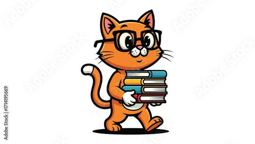 Clever Cat and the Knowledge: A charming illustration of a cartoon cat, wearing spectacles and carrying a stack of books, exuding intelligence and a love for learning.
