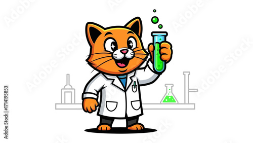 Clever Cat Scientist: A charming cartoon cat, dressed in a lab coat and holding a test tube filled with bubbling green liquid, exudes the spirit of science and experimentation.