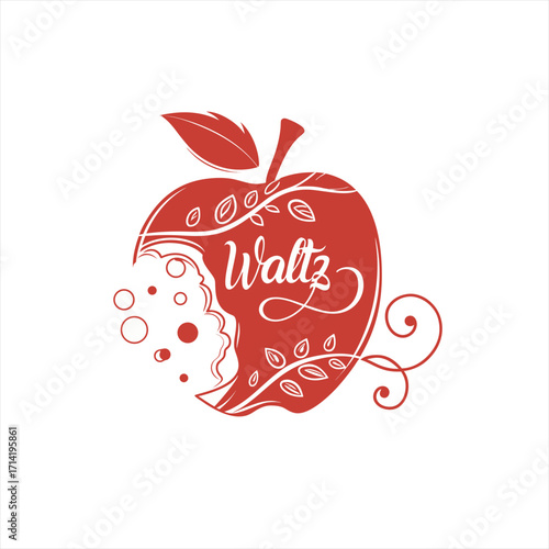 Bitten apple with waltz text and decorative swirls
