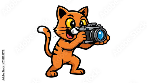 Cat Photographer with Camera: A cute cartoon cat with a cheerful expression is holding a professional camera. It shows the adorable cat captures the fun and exciting photography activity.