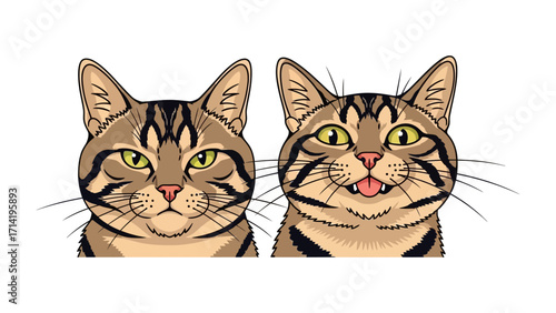Dual Delight: A charming illustration presents two cats, showcasing a study in feline expression. One cat wears a content smile, while its companion appears playful.