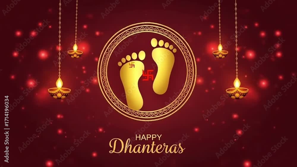 Happy Dhanteras banner with golden Lakshmi feet and a swastika symbol on a festive red background representing prosperity wealth and good fortune for the Indian festival