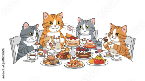 Cat's Culinary Celebration: A charming scene of cheerful cats enjoying a delightful feast of cakes and pastries, a heartwarming illustration exuding joy and camaraderie.