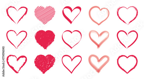 Hand Drawn Red Heart Icons Collection – Love, Romance and Valentine Symbols
