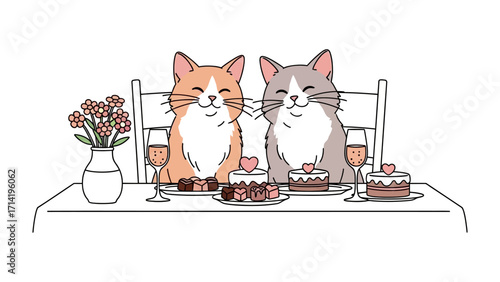 Romantic Cat Dinner: An adorable animated illustration of two charming cats sharing a romantic dinner. A scene filled with love, happiness, and affection.