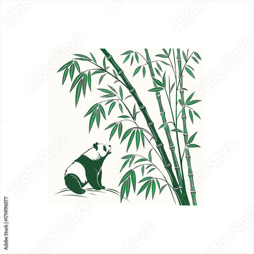 Cute panda sitting among green bamboo stalks and leaves