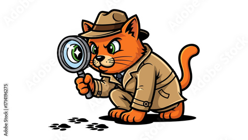 Detective Cat: A clever cartoon cat in a fedora and trench coat uses a magnifying glass to solve mysteries with a comical demeanor