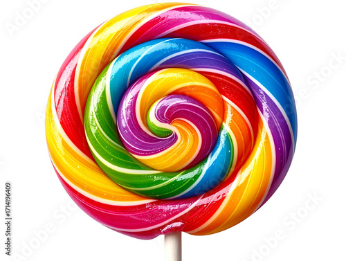 Vibrant rainbow swirl lollipop with pink ribbon and shadows.
