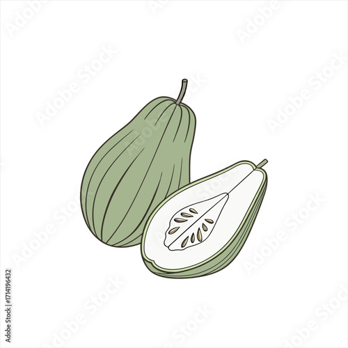 Illustration of a whole and halved chayote squash with seeds
